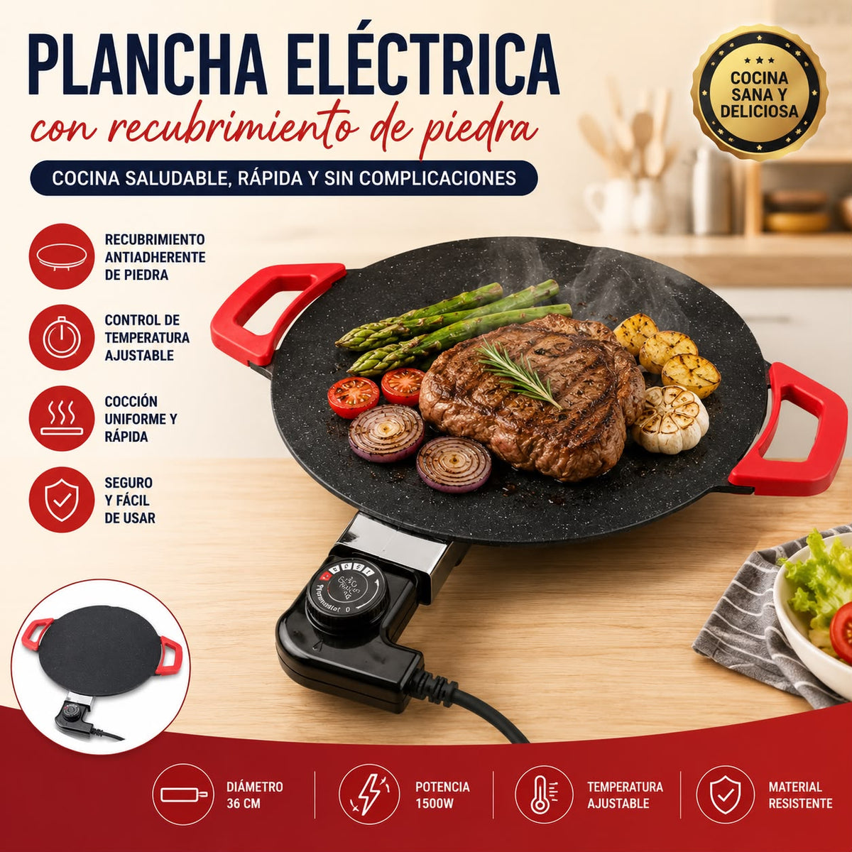Plancha eléctrica antiadherente StoneGrill 36 con recubrimiento tipo piedra